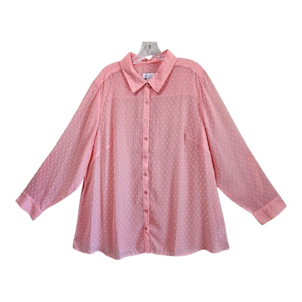DENIM & CO Women Plus 2X Blouse Button Up Sheer Swiss Dot Coral Roll Tab Slv 54"